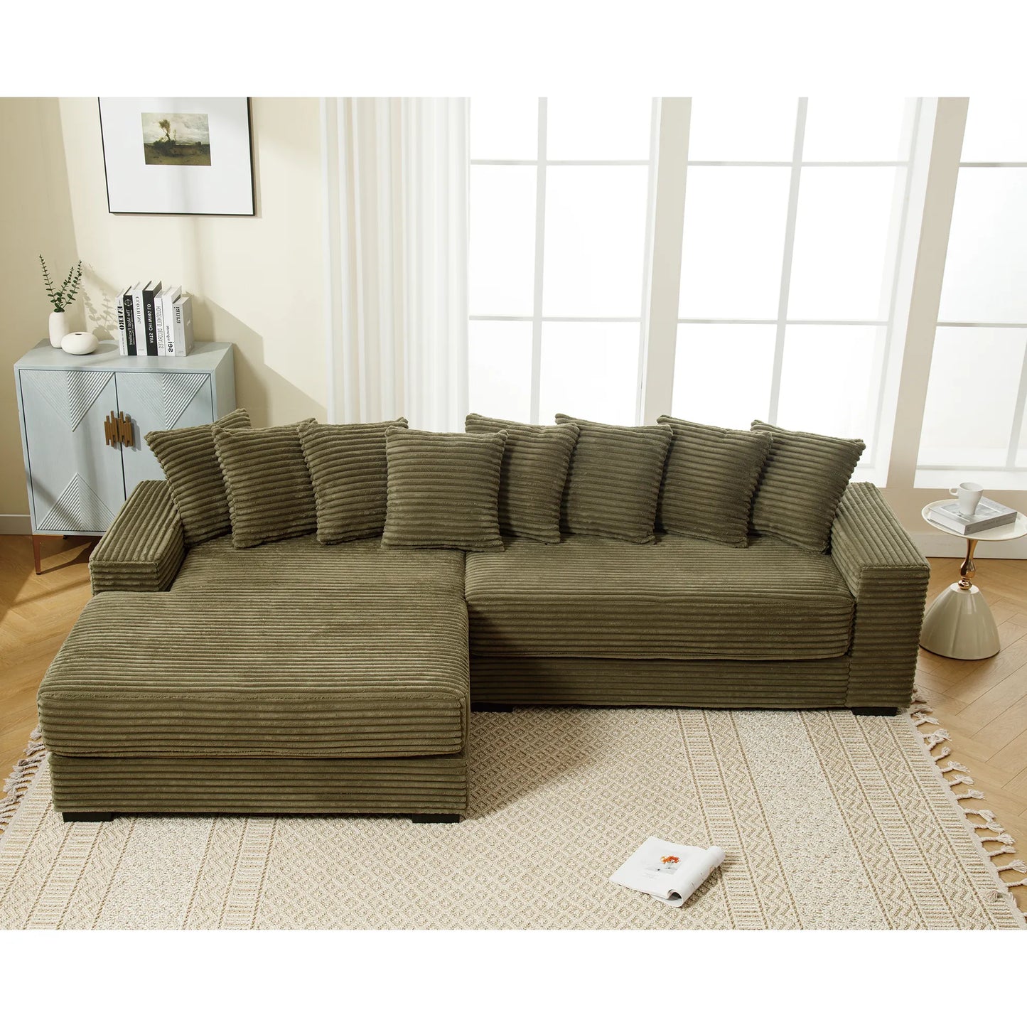 L Shaped Corduroy Couch, Plush Chaise Lounge Sofa, Green