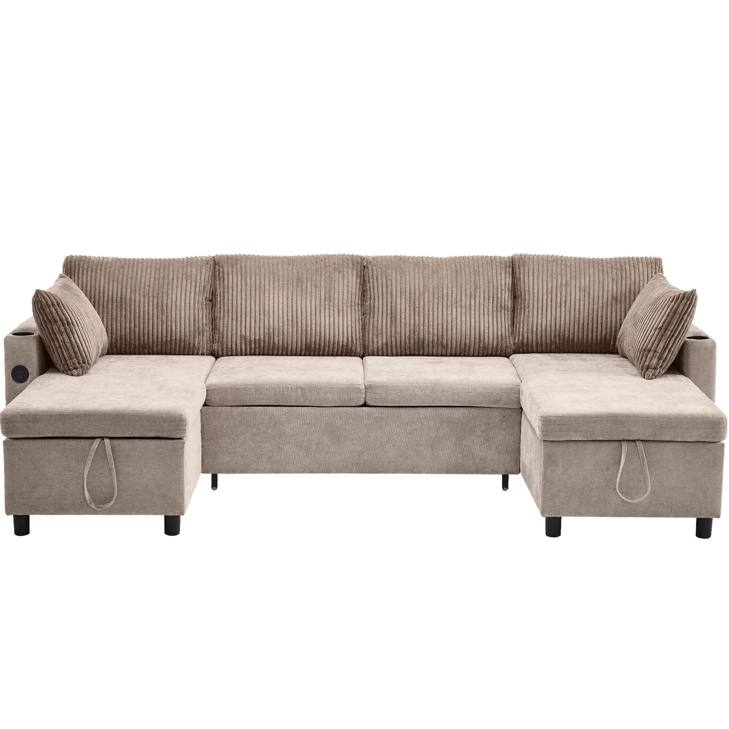 Corduroy Couch with Chaise Sleeper, Sectional Sofa Pull-Out, Brown