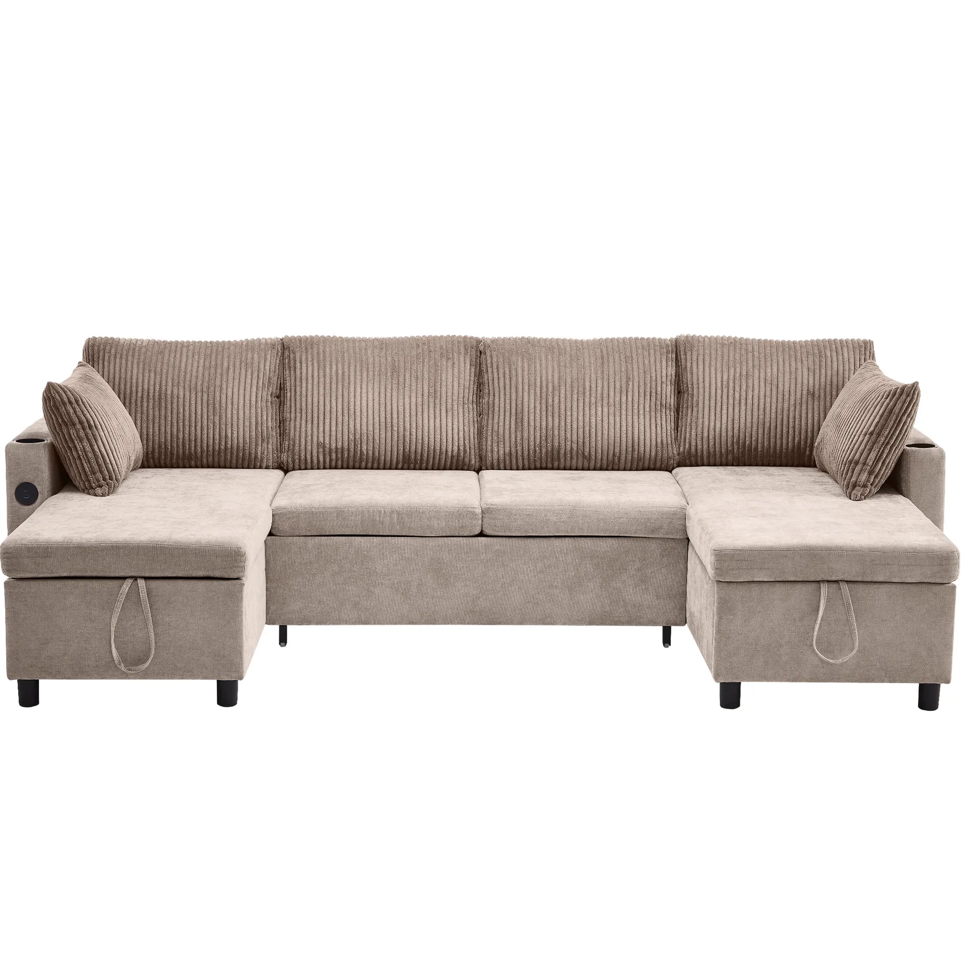 Corduroy Couch with Chaise Sleeper, Sectional Sofa Pull-Out, Brown