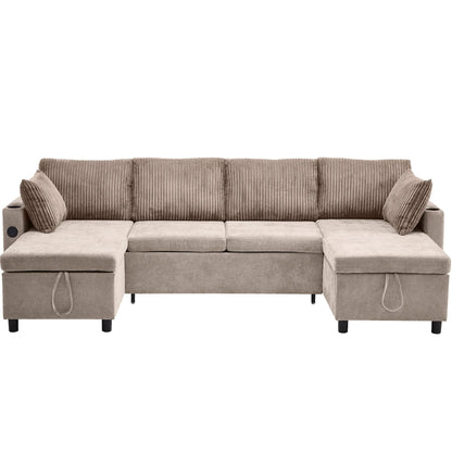 Corduroy Couch with Chaise Sleeper, Sectional Sofa Pull-Out, Brown
