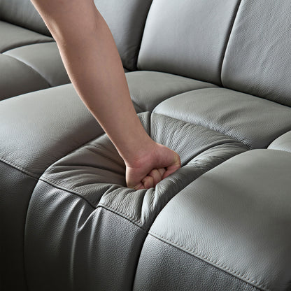Genuine Leather Recliner Sofa, Modern Couch with Chaise, USB and Adjustable Headrest, Dark Grey