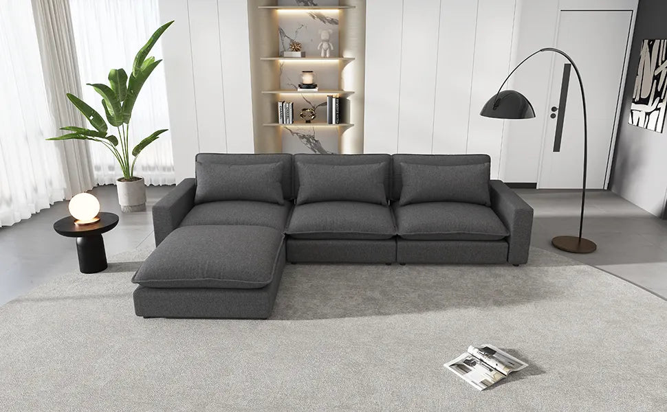 Comfy Sectional Cloud Couch, Chenille Sofa with Ottoman, Grey