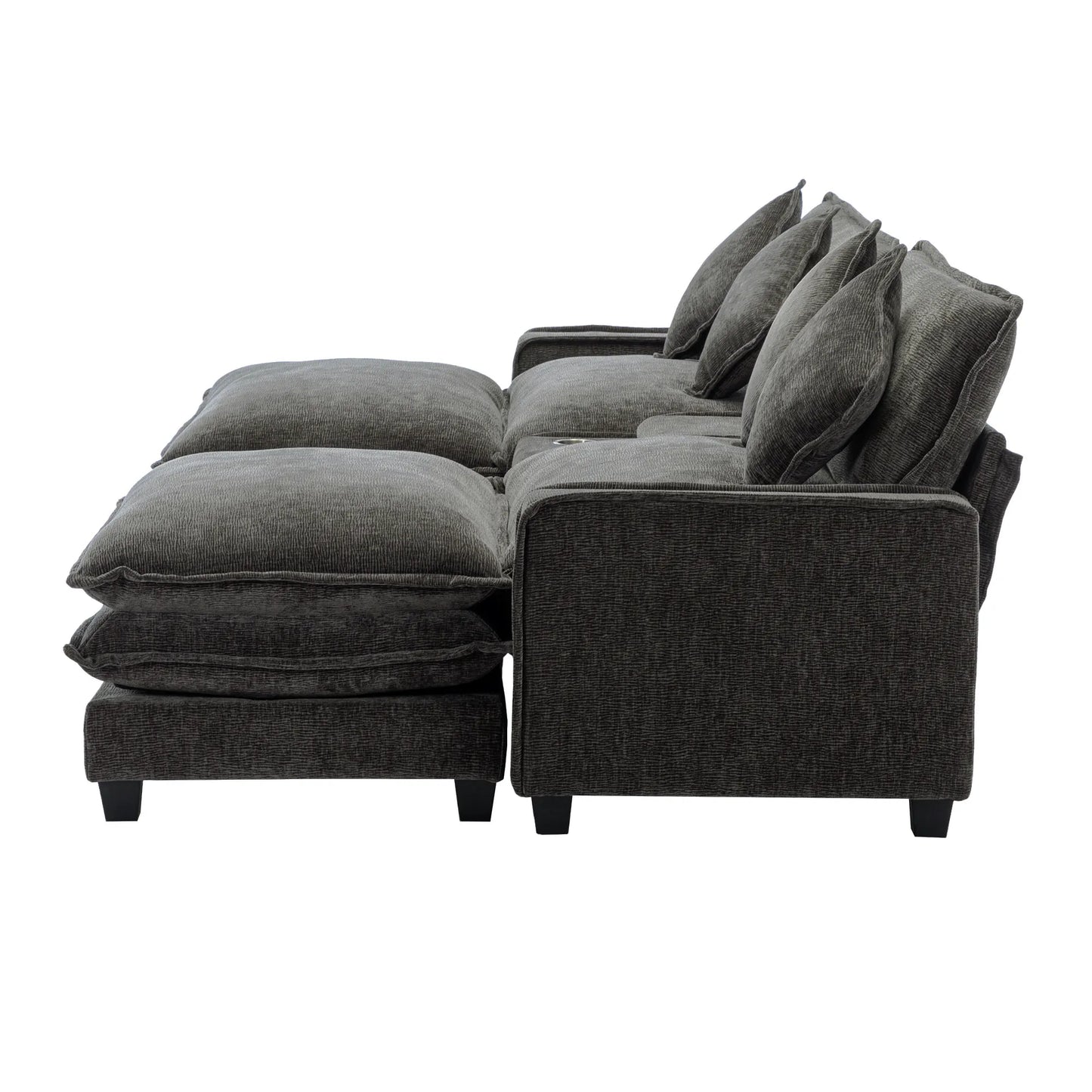 Plush Couch, Deep Seat Couch with Ottomans, Black
