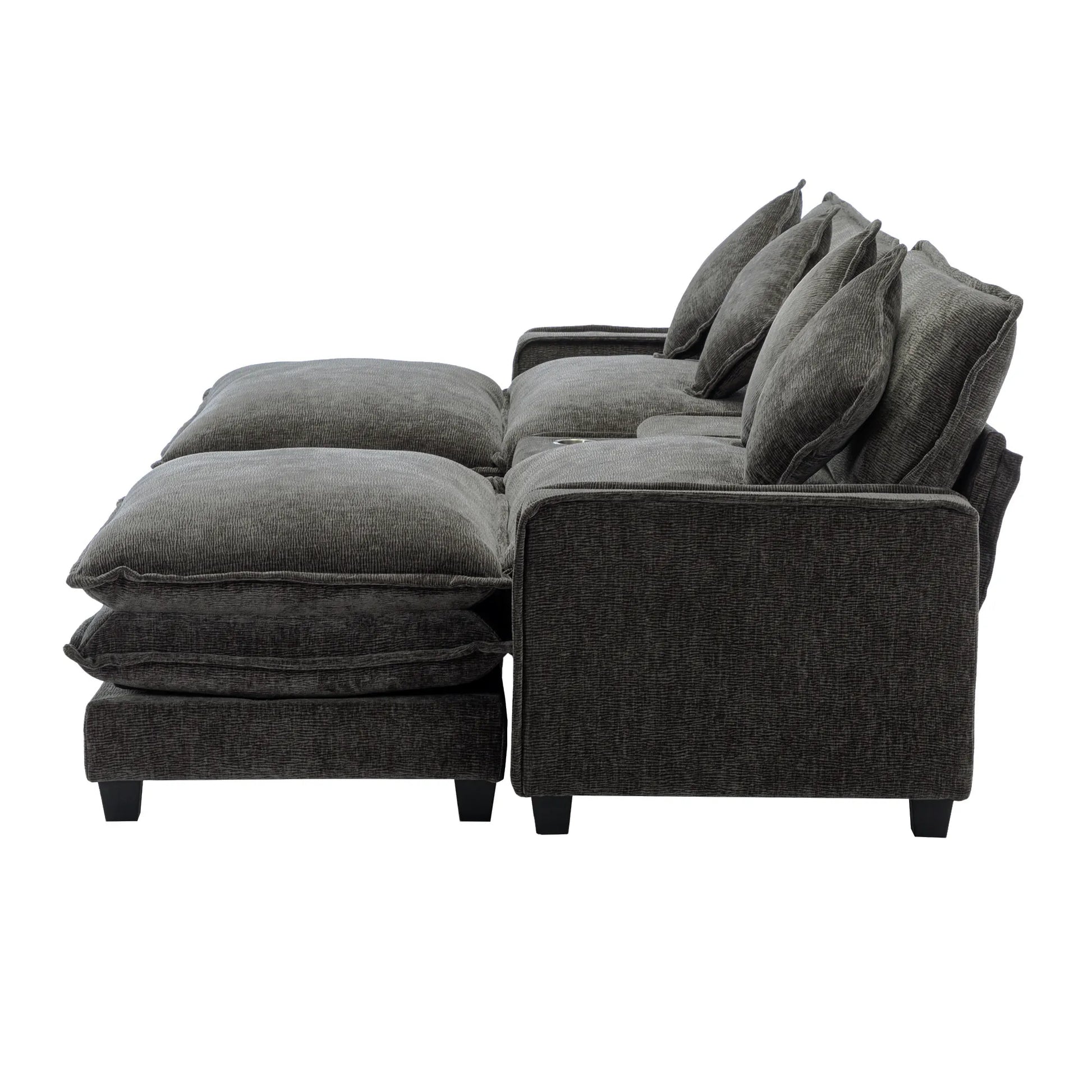 Plush Couch, Deep Seat Couch with Ottomans, Black