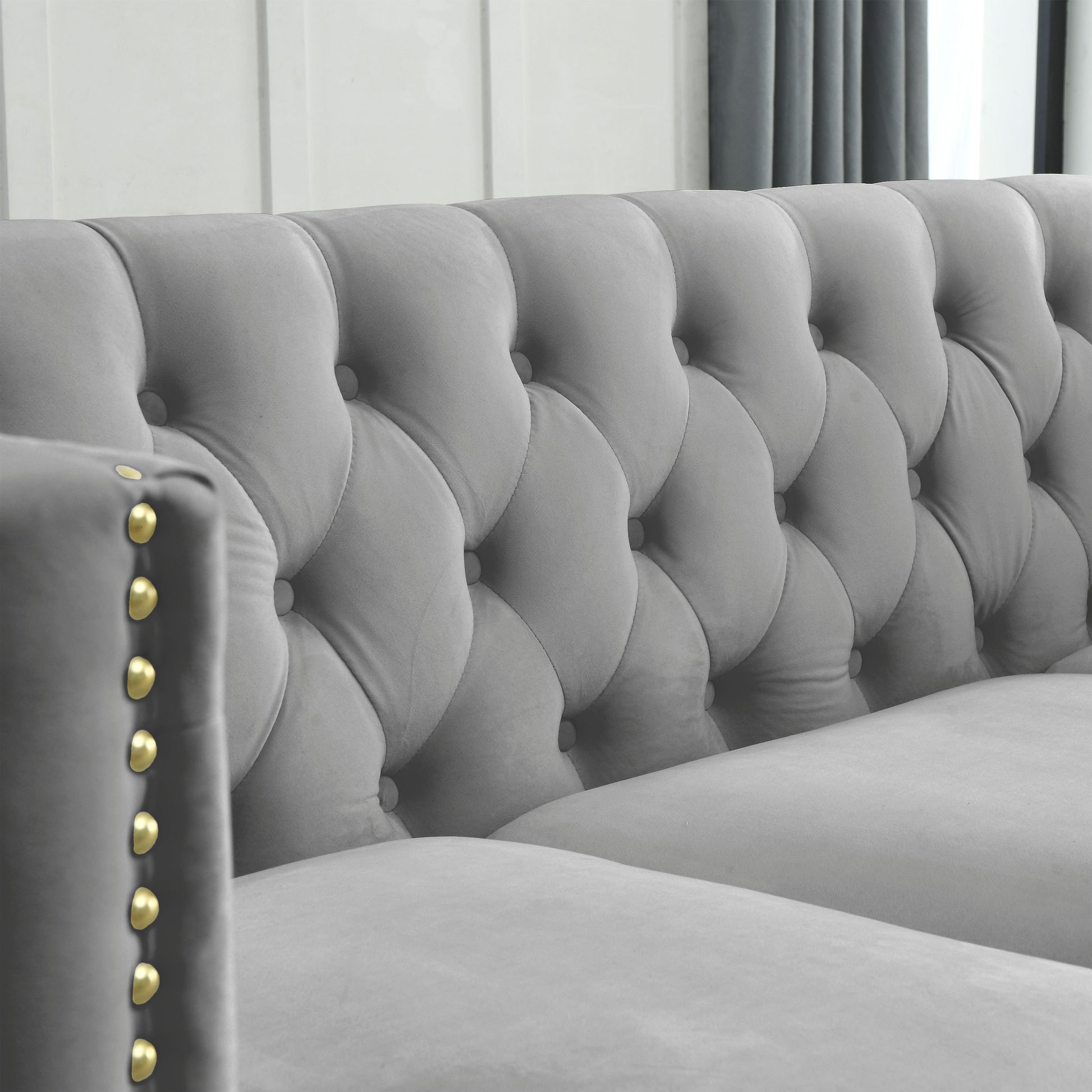 Chesterfield Sofa, L-Shaped Velvet Corner Couch - Gray