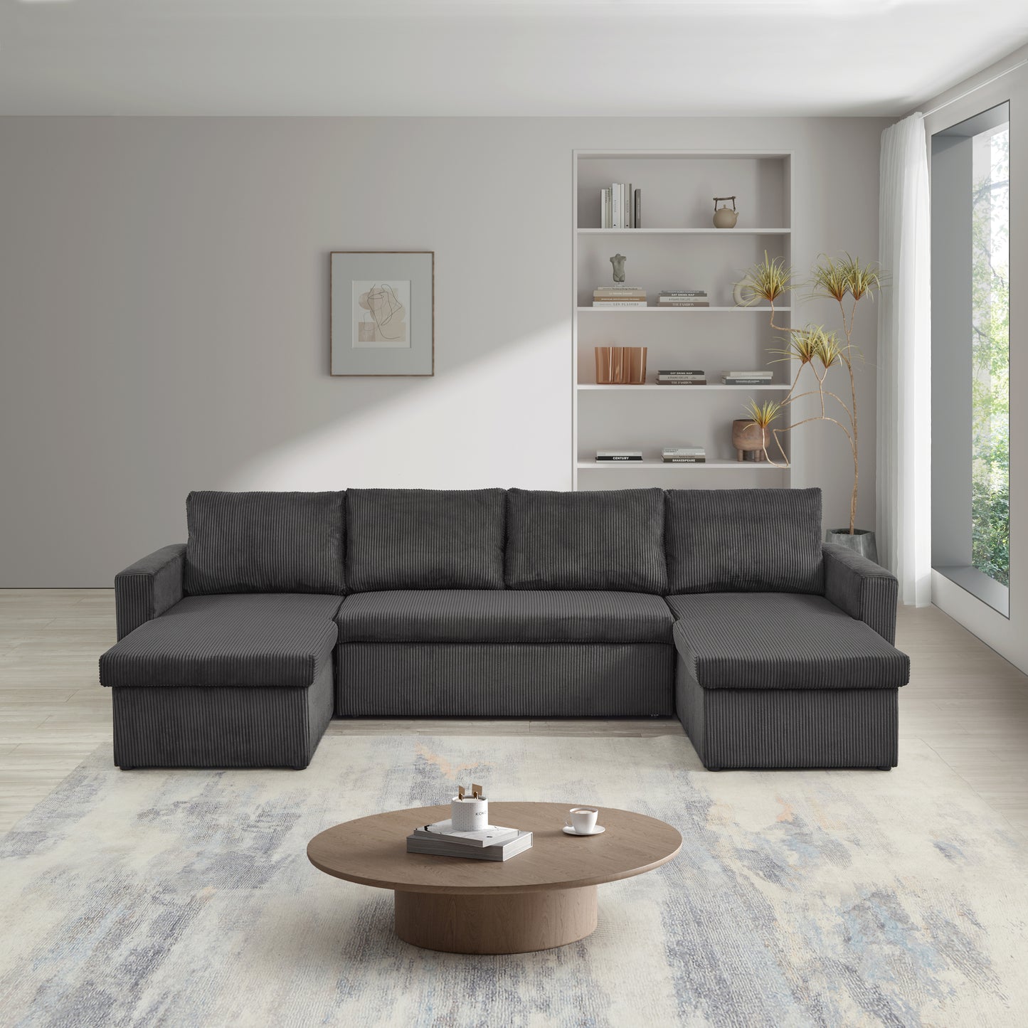 Louie Sofa Chaise Sleeper, Corduroy Couch with Double Chaise Storage - Dark Gray