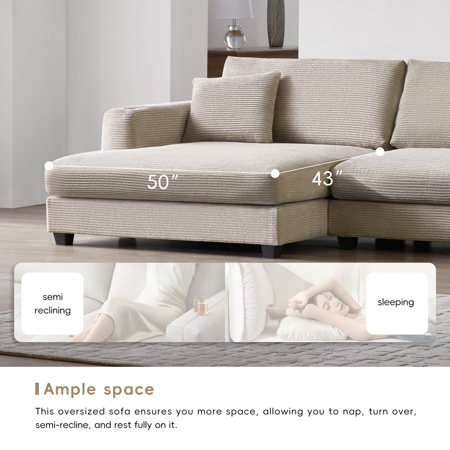 Deep Seat Corduroy Sofa, Large Sectional Couch with Chaise, Khaki