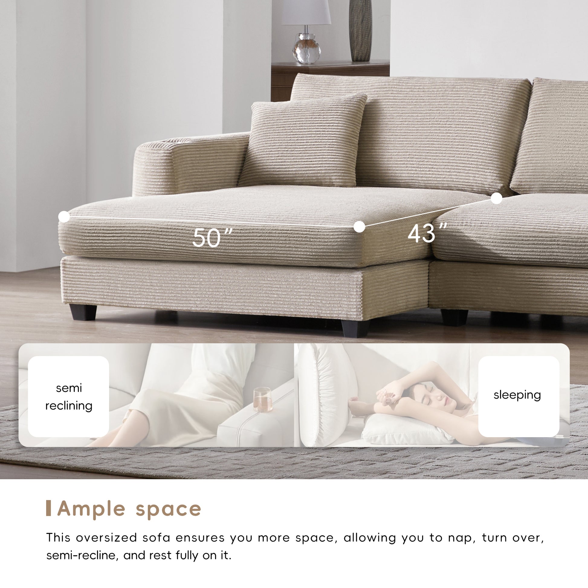 Deep Seat Corduroy Sofa, Large Sectional Couch with Chaise, Khaki