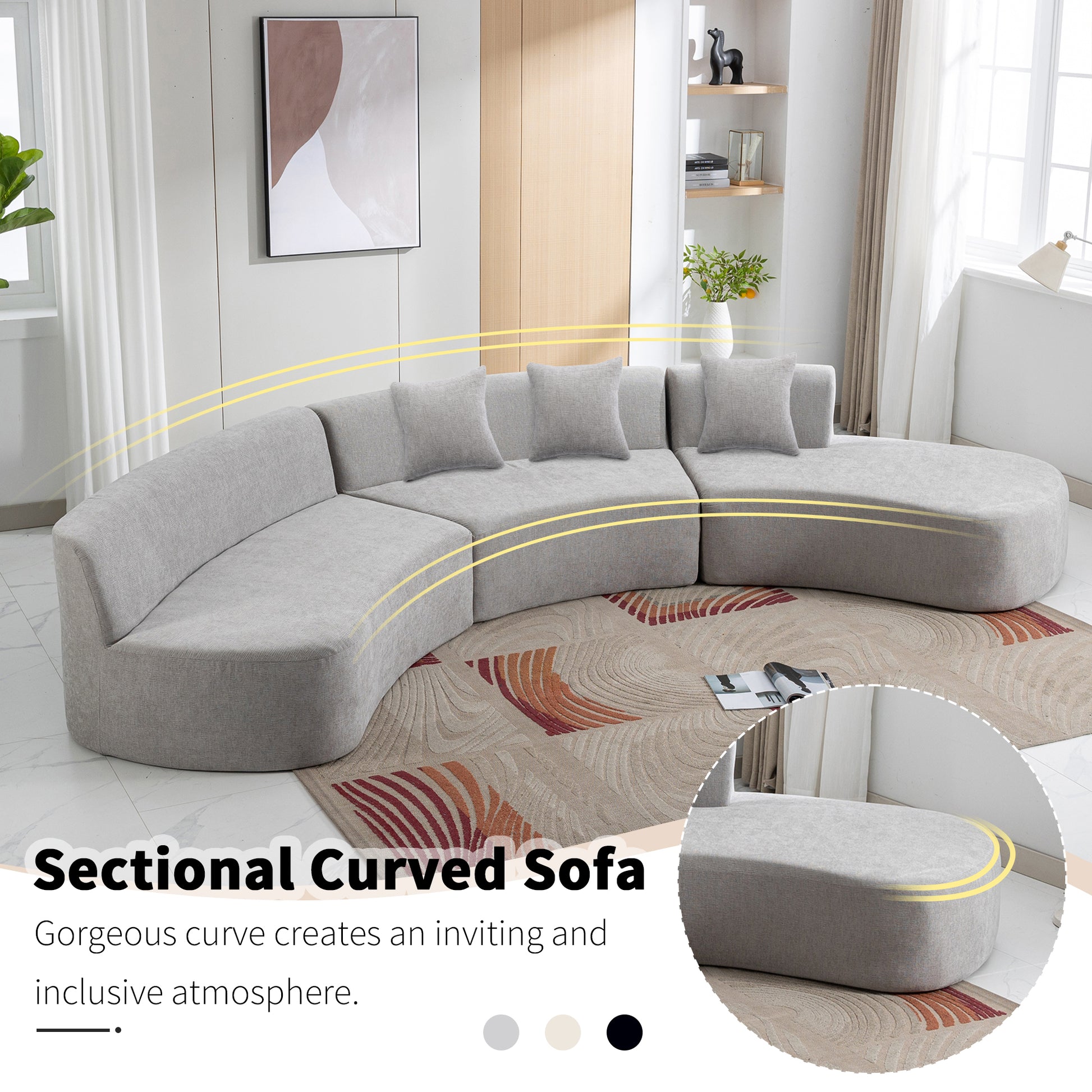 Curved Sofa, Modern Large Sectional Couch - Gray