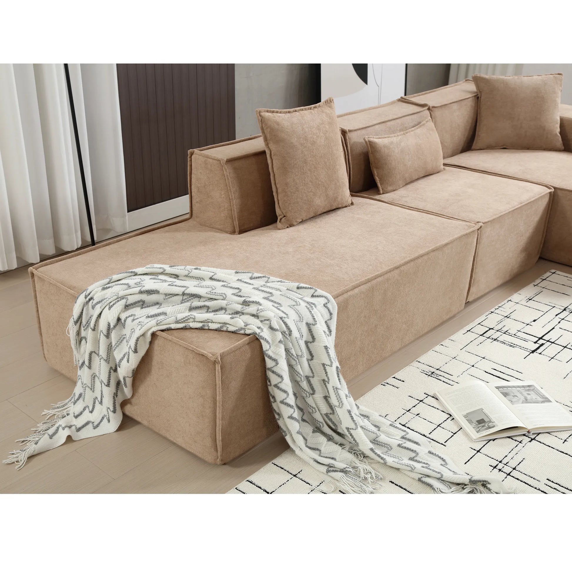 Modular Lounge Sofa, L Shaped Sectional with Chaise, Light Brown