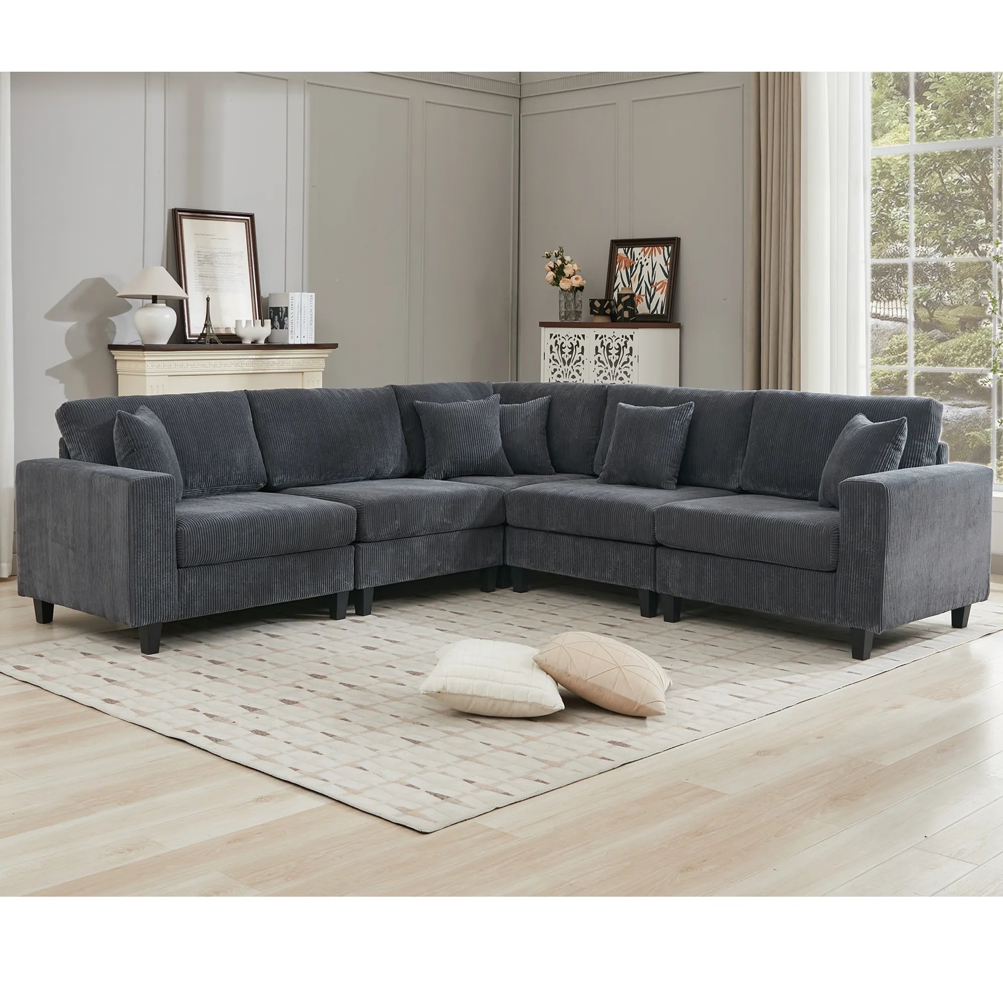 Modular Sectional Sofa, Deep Seat Corduroy Couch, Dark Gray