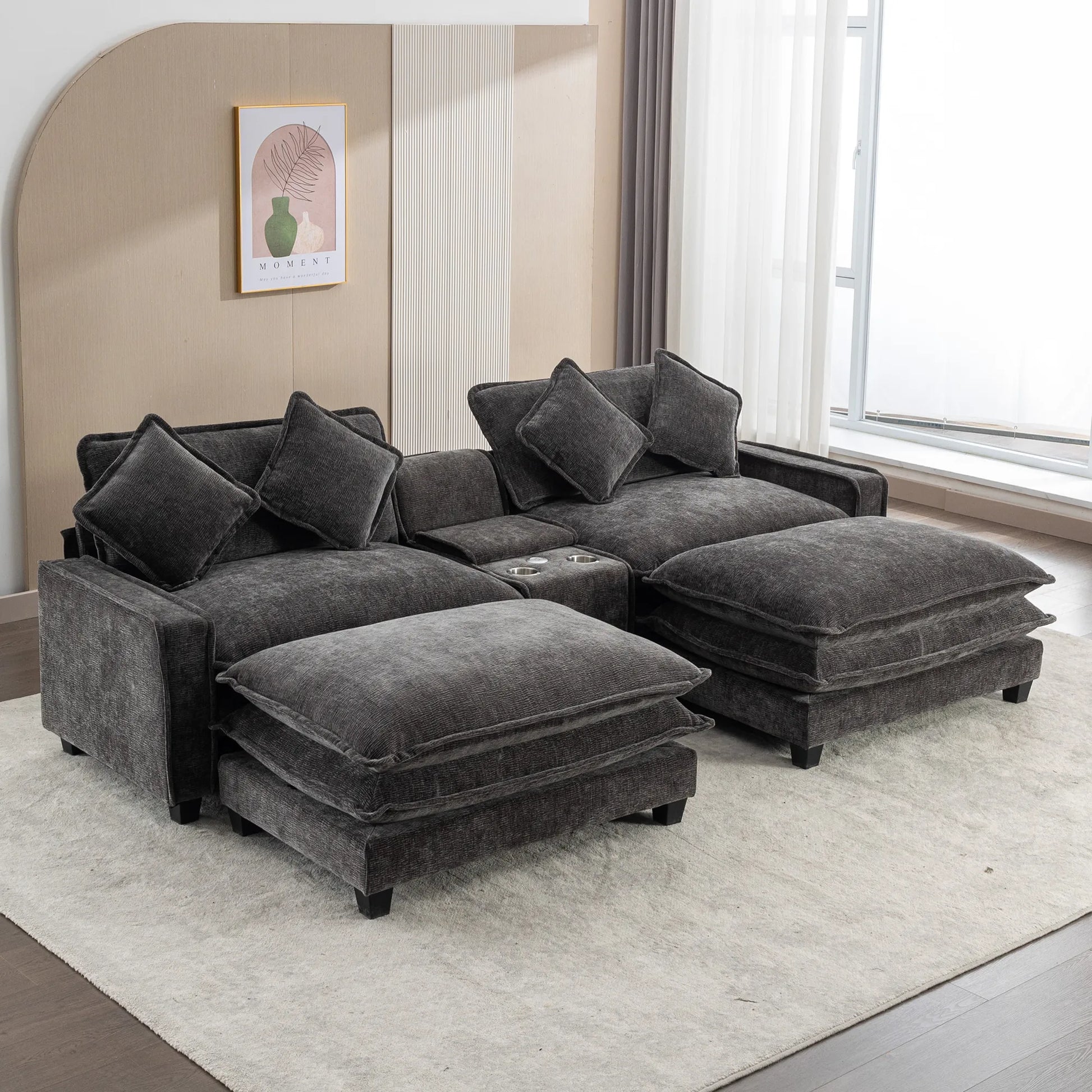 Plush Couch, Deep Seat Couch with Ottomans, Black