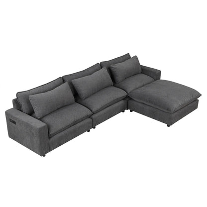 Comfy Sectional Cloud Couch, Chenille Sofa with Ottoman, Grey