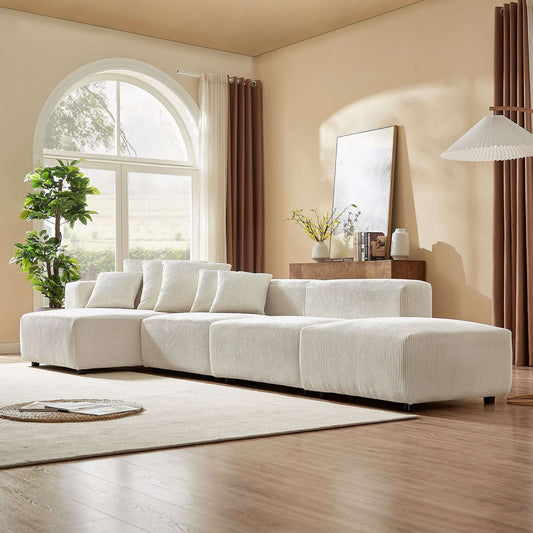 Modular Sofa Sectional Chaise Lounge, L-Shaped Sectional Soft Corduroy 4 Piece Set Beige