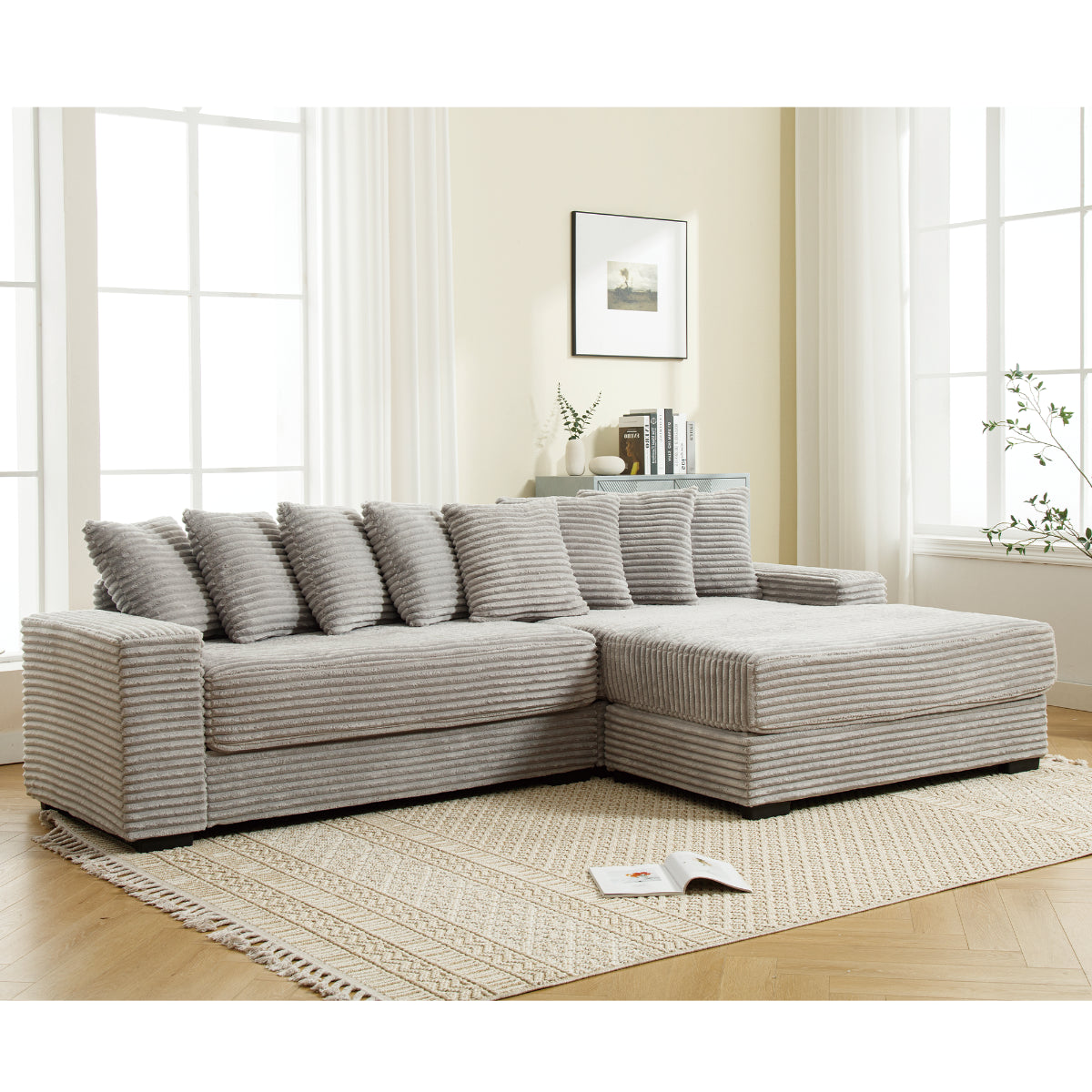 L Shaped Corduroy Couch, Plush Chaise Lounge Sofa, Gray