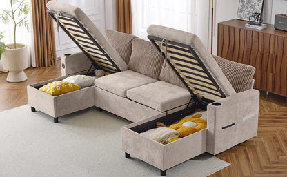 Corduroy Couch with Chaise Sleeper, Sectional Sofa Pull-Out, Brown