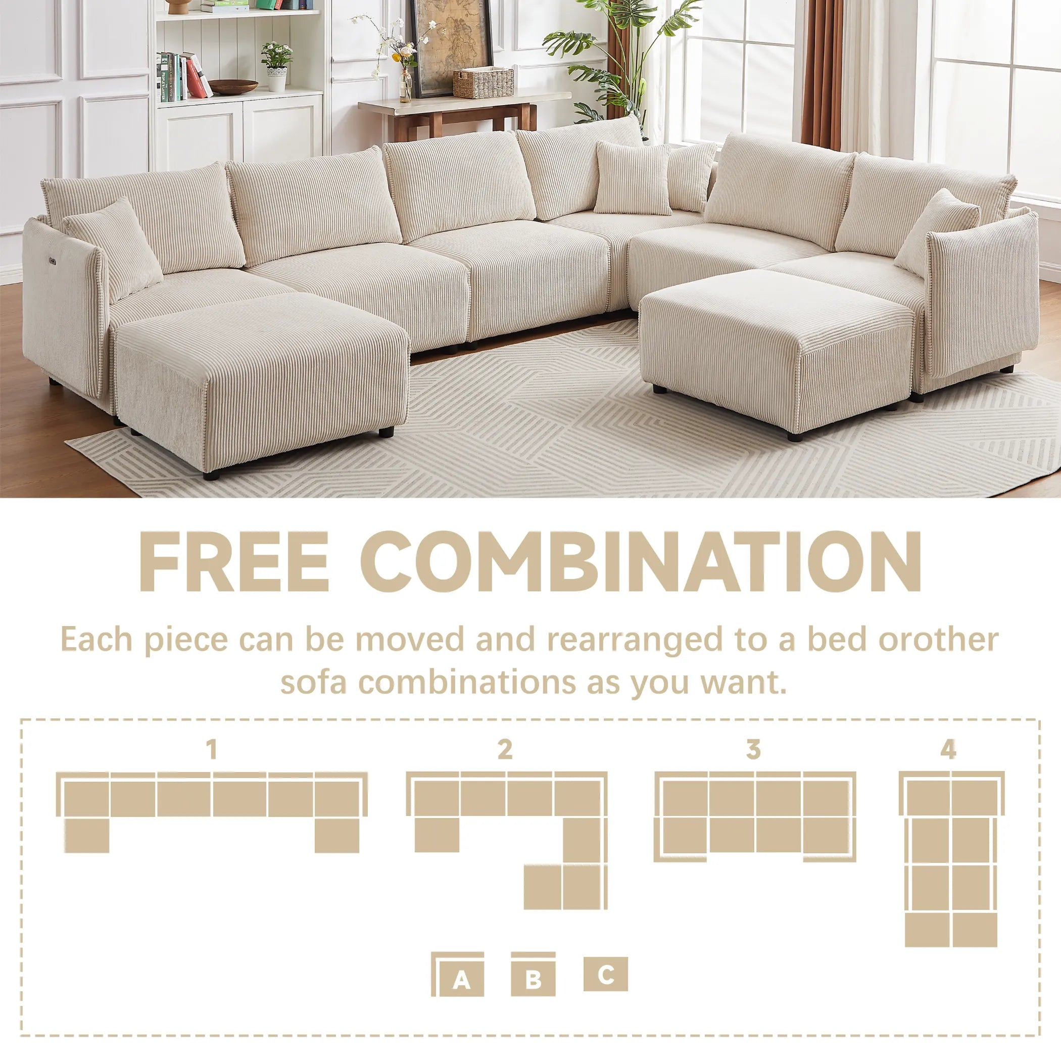 Modular U Shaped Sectional Sofa, Corduroy Couch with Ottoman - Beige