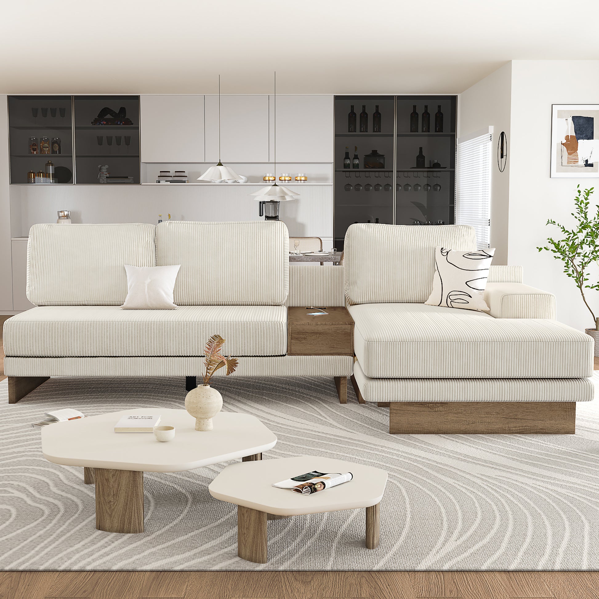 Corduroy Couch, Modern L Shaped Sectional Sofa with Reversible Chaise, Beige