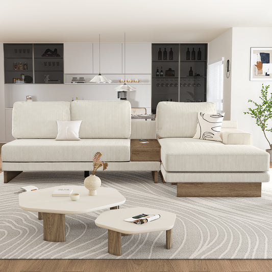 Corduroy Couch, Modern L Shaped Sectional Sofa with Reversible Chaise, Beige