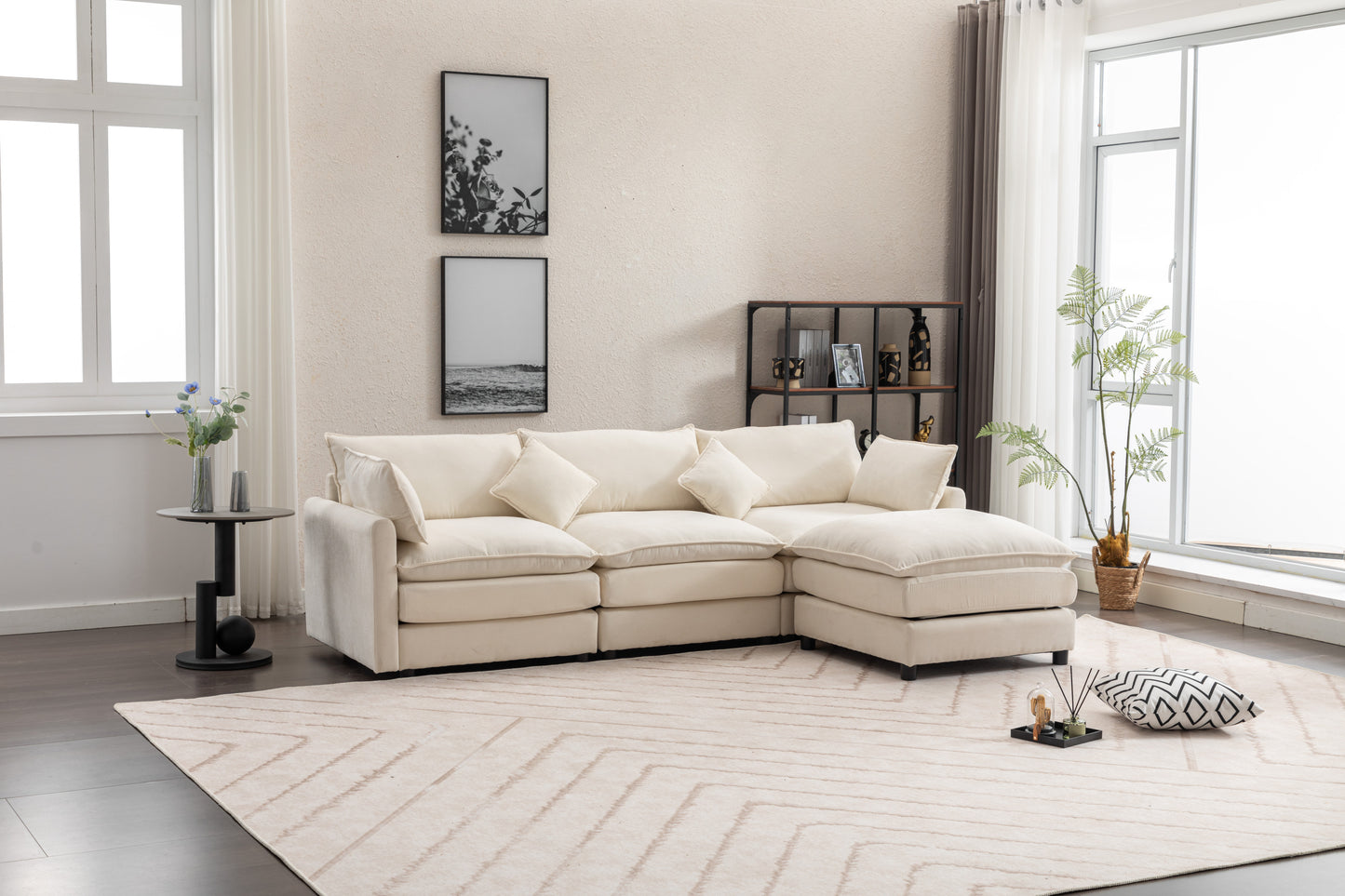 Louie Sofa L Shape, Modular Couch with Ottoman - Beige