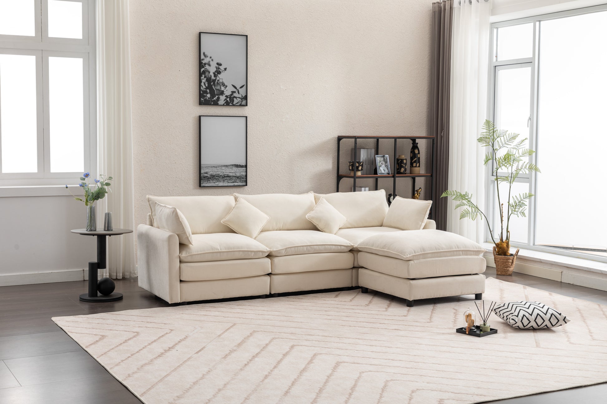 Louie Sofa L Shape, Modular Couch with Ottoman - Beige
