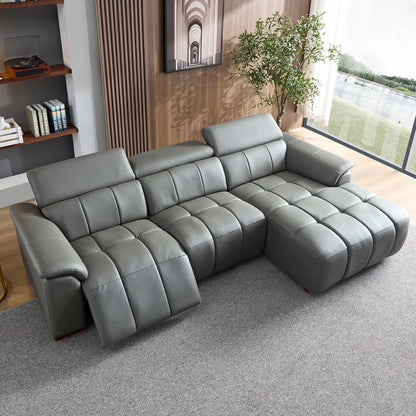 Genuine Leather Recliner Sofa, Modern Couch with Chaise, USB and Adjustable Headrest, Dark Grey