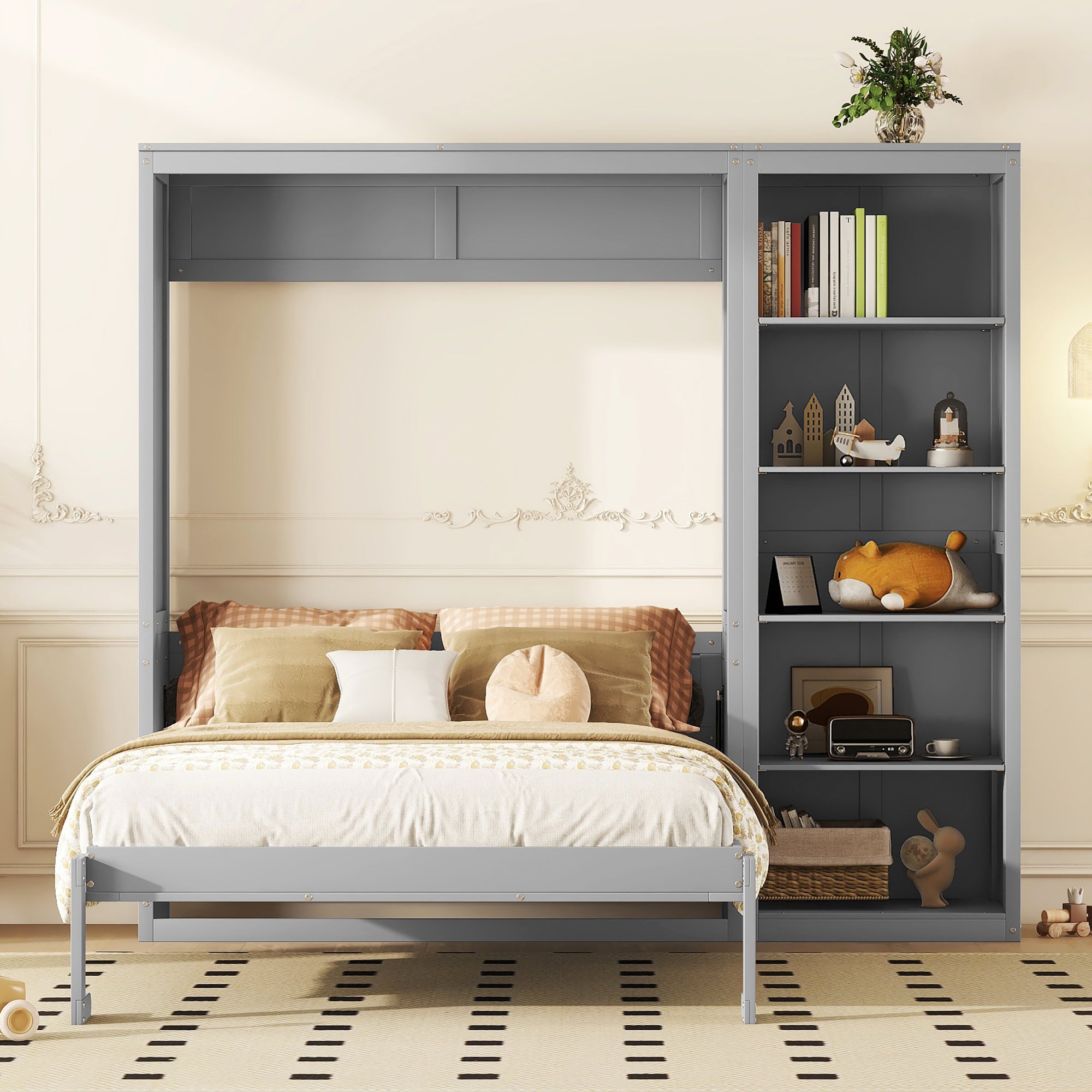 Queen Size Murphy Bed, Wall Bed with Shelves - Gray