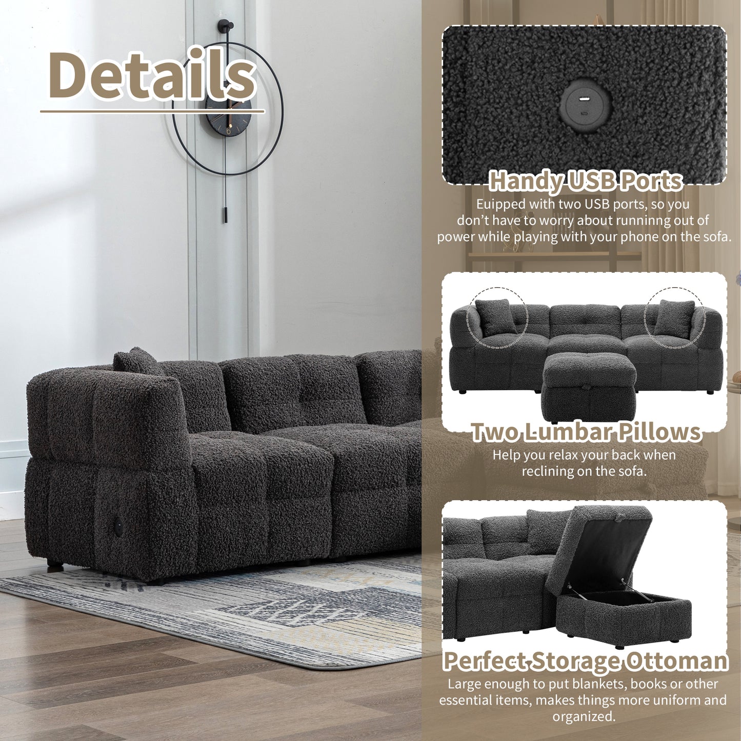 Small Couch, Sectional with Ottoman - Gray