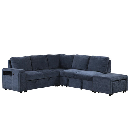 Sleeper Sectional, Sofa L Shape, Couch with Ottoman and Storage, Blue