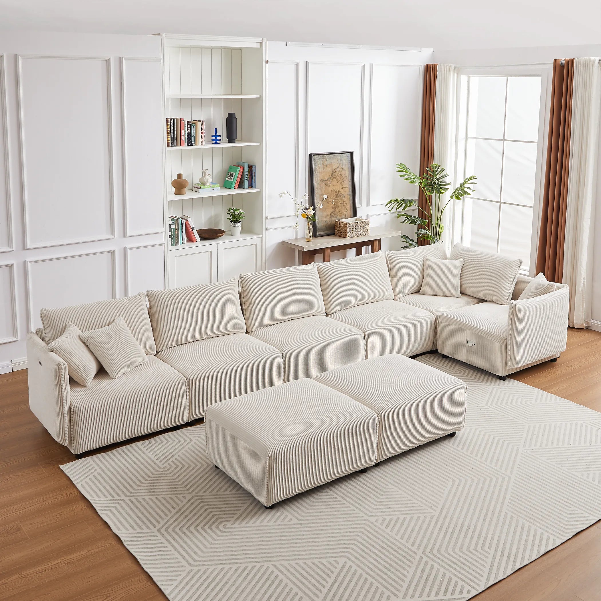 Modular U Shaped Sectional Sofa, Corduroy Couch with Ottoman - Beige