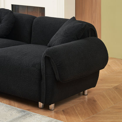 3 Seater Sofa, Plush Upholstered Teddy Velvet Couch, Black