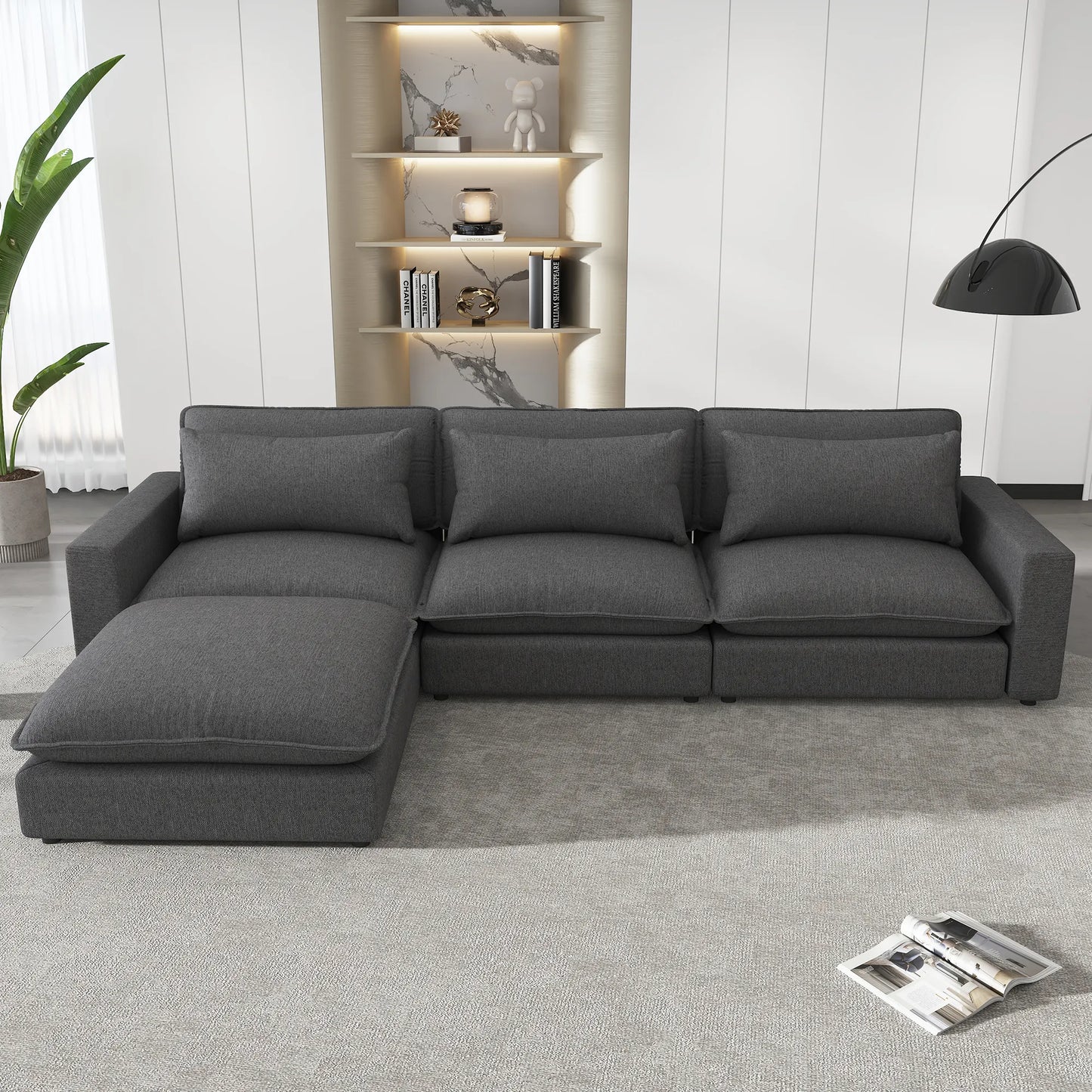 Comfy Sectional Cloud Couch, Chenille Sofa with Ottoman, Grey