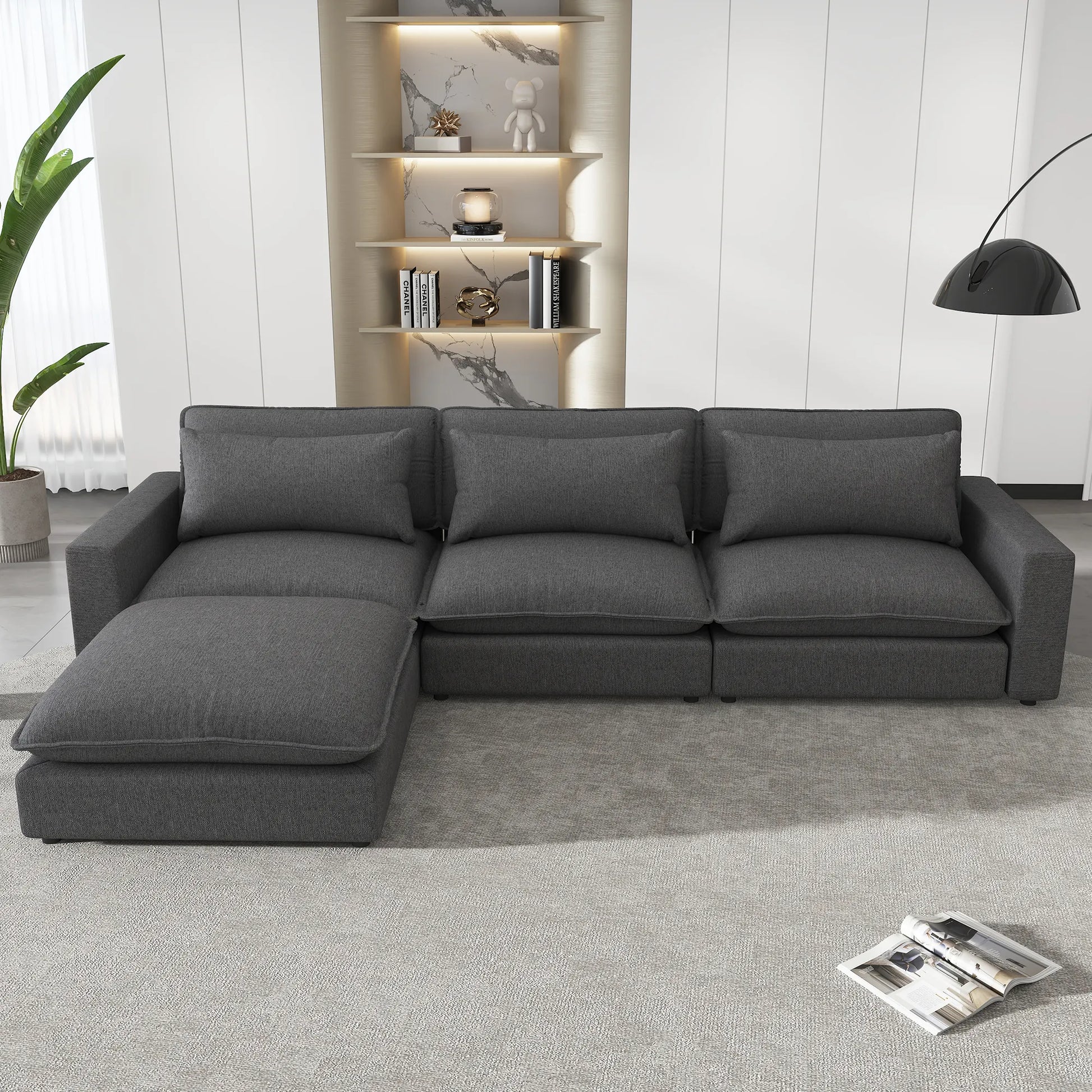 Comfy Sectional Cloud Couch, Chenille Sofa with Ottoman, Grey