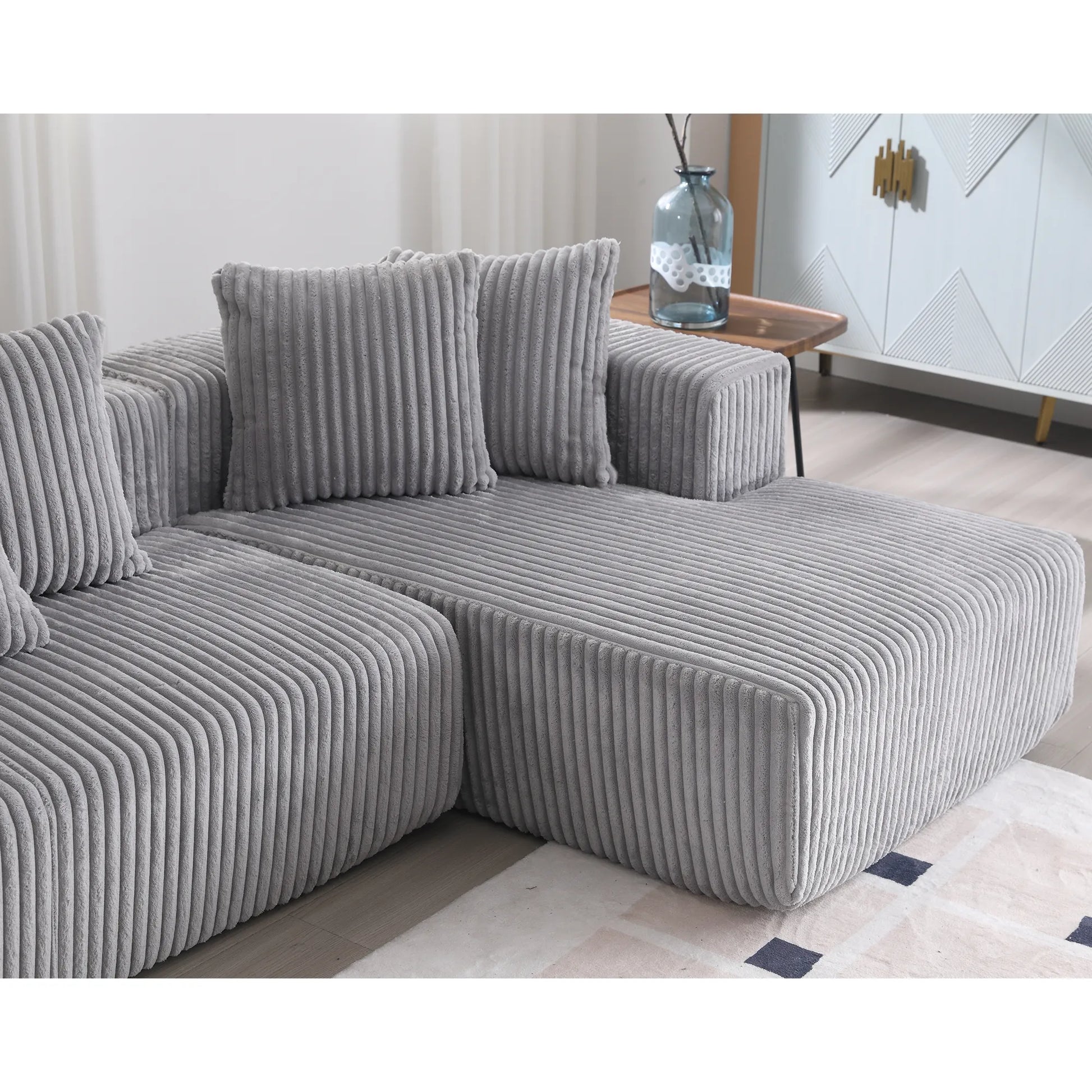 Modular U Shaped Sectional, Corduroy Couch with Double Chaise, Gray