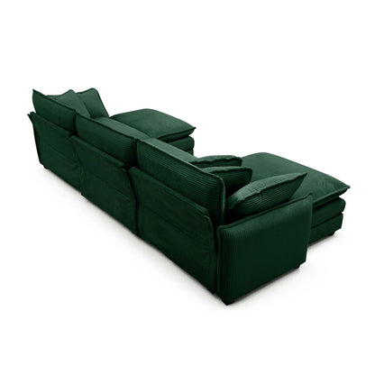 U Shape Sectional Cloud Sofa, Plush Corduroy Couch with Ottoman, Green