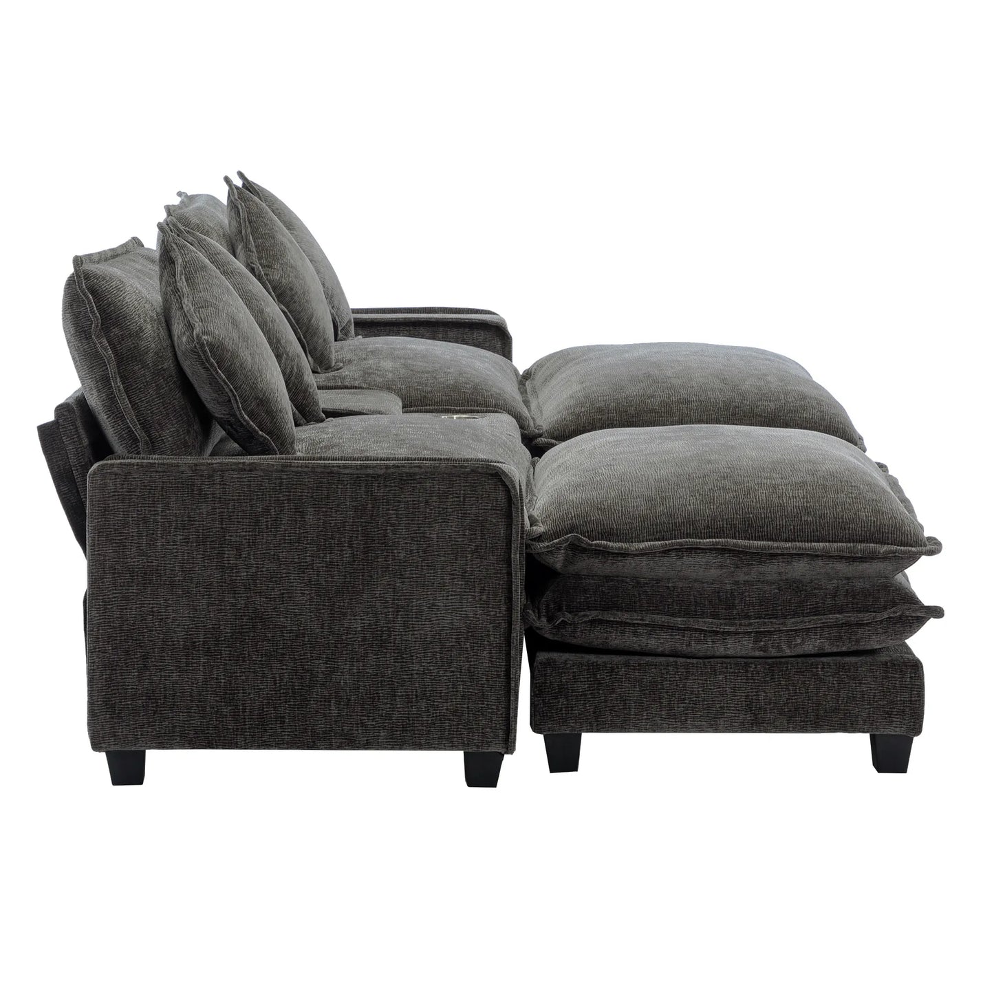 Plush Couch, Deep Seat Couch with Ottomans, Black