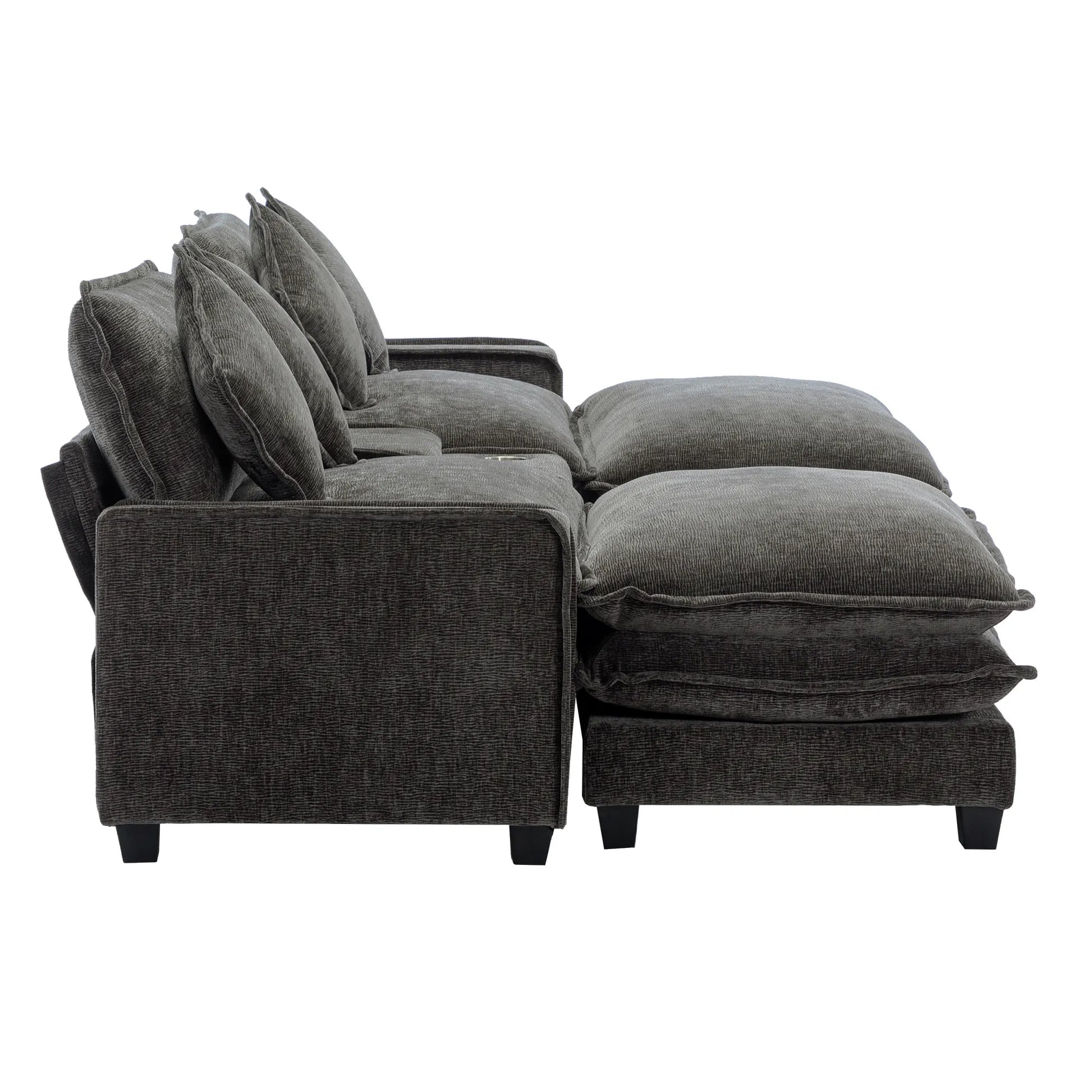Plush Couch, Deep Seat Couch with Ottomans, Black