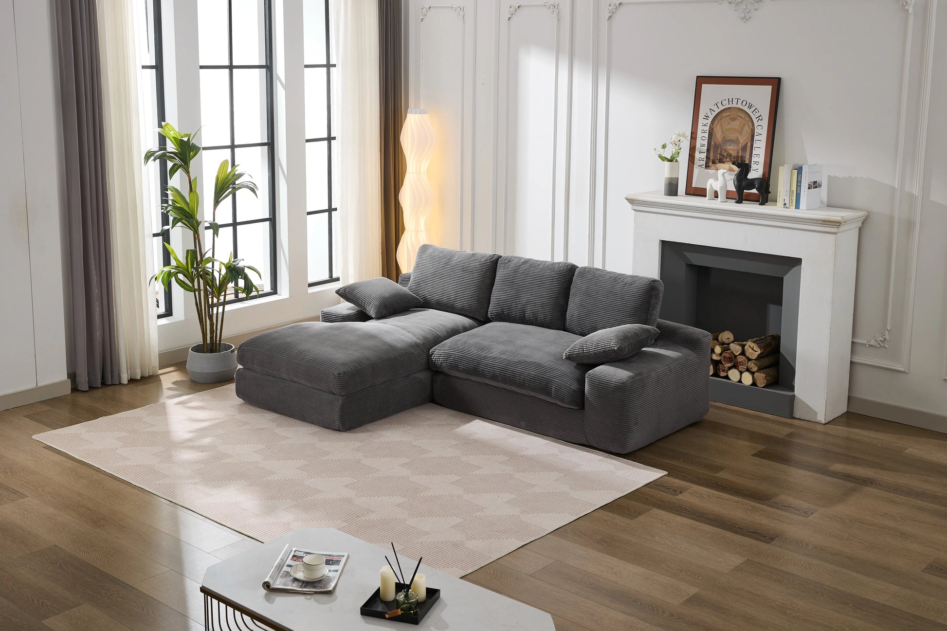 Chaise Lounge Sofa, L Shape Reversible Corduroy Couch Sectional, Grey