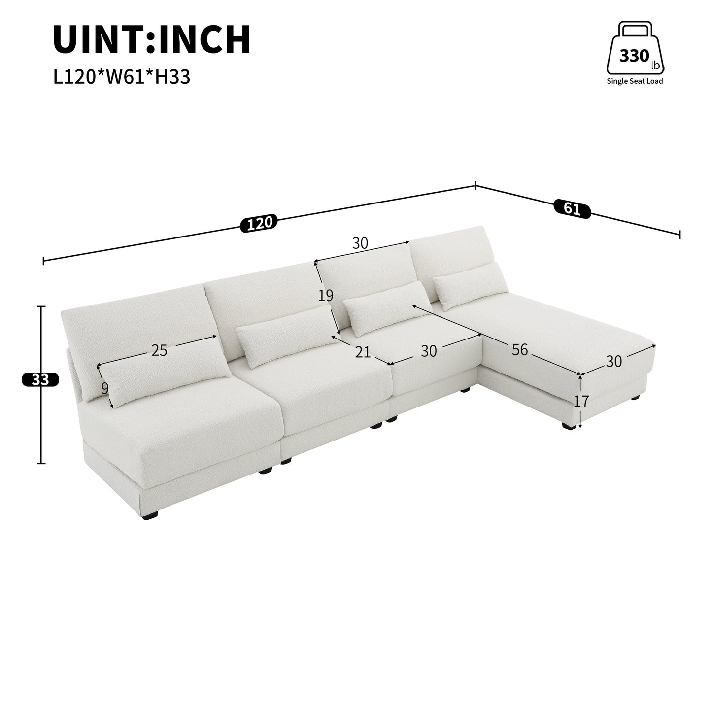 L Shape Couch, Deep Seat Sectional Sofa with Reversible Chaise, Cream