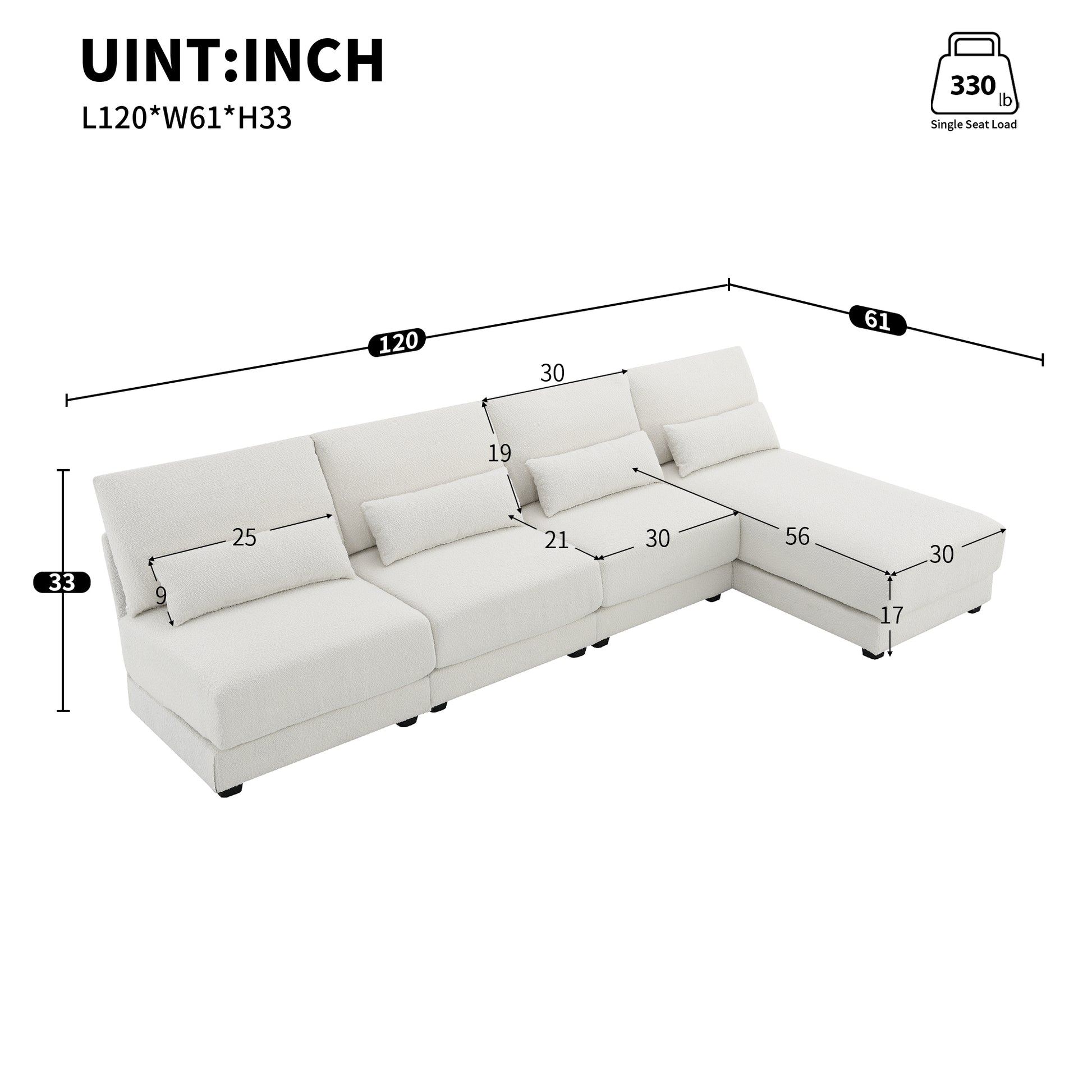 L Shape Couch, Deep Seat Sectional Sofa with Reversible Chaise, Cream