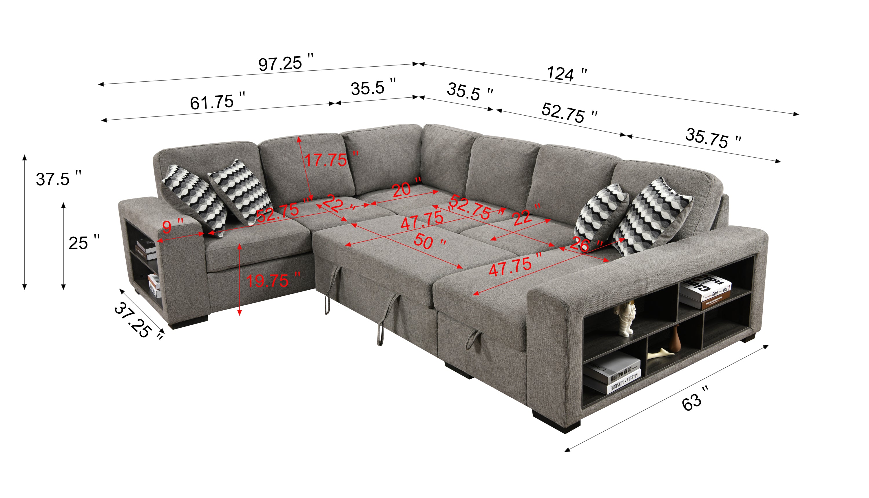 U Shaped Sectional, Sleeper Sofa with Chaise and Storage, Gray