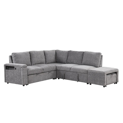 Sleeper Sectional, Sofa L Shape, Couch with Ottoman and Storage, Gray