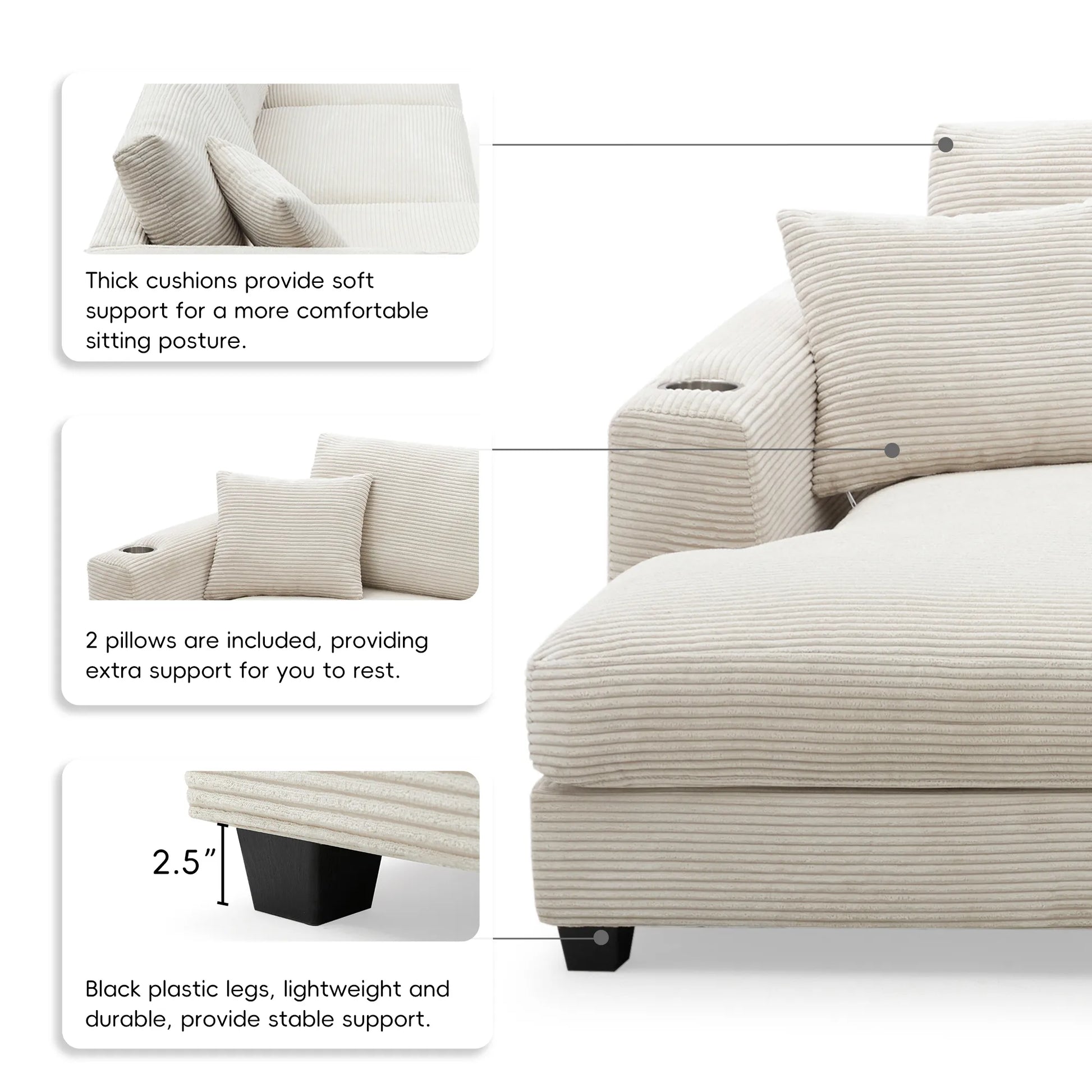 Deep Seat Corduroy Sofa, Large Sectional Couch with Chaise, Beige