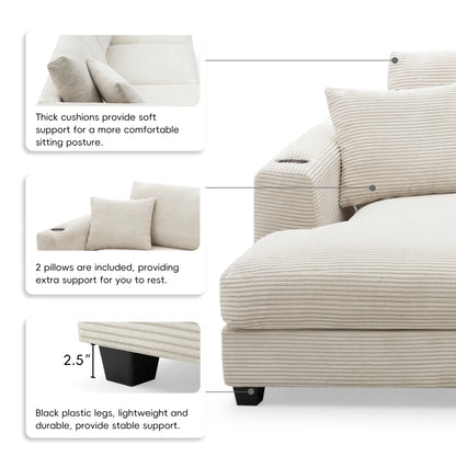 Deep Seat Corduroy Sofa, Large Sectional Couch with Chaise, Beige