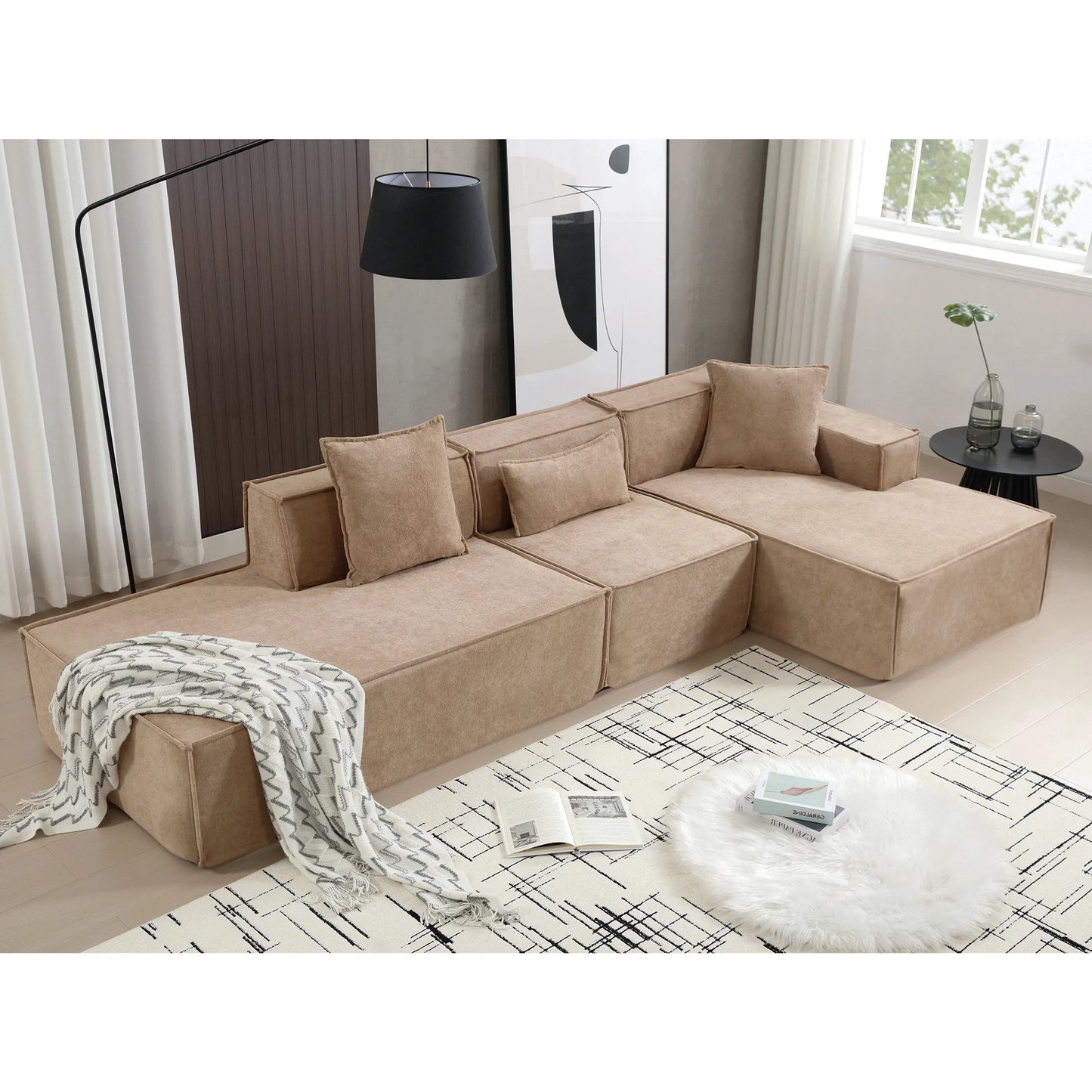Modular Lounge Sofa, L Shaped Sectional with Chaise, Light Brown