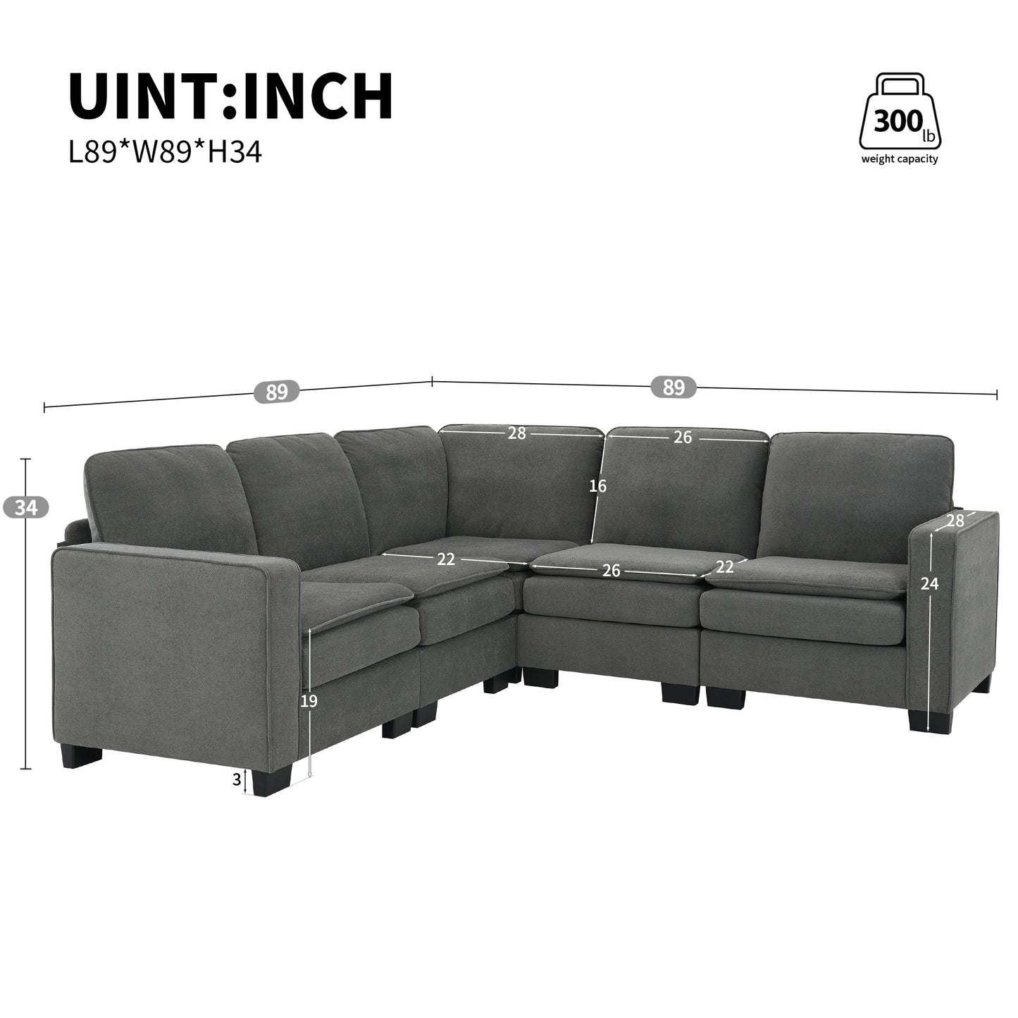 Corner Sectional Sofa, L-Shaped Comfy Couch, Gray