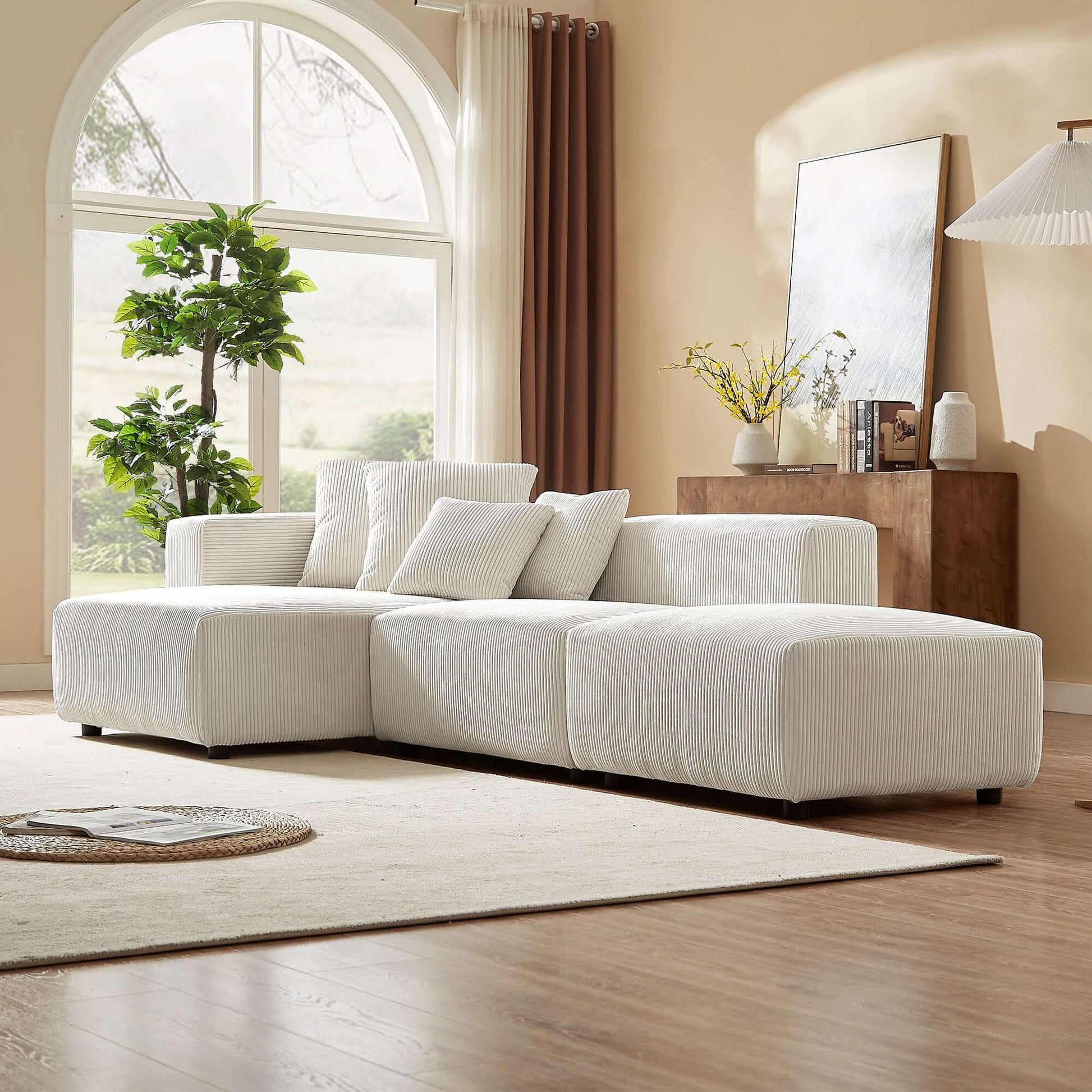 Corduroy Couch, Sofa with Chaise Lounge, 3 Piece - Beige