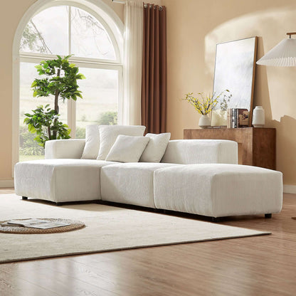 Corduroy Couch, Sofa with Chaise Lounge, 3 Piece - Beige