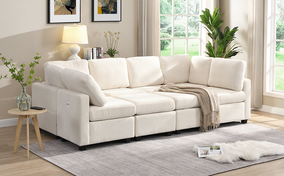 U Shaped Couch, Chenille Sectional Sofa with Ottoman, Beige