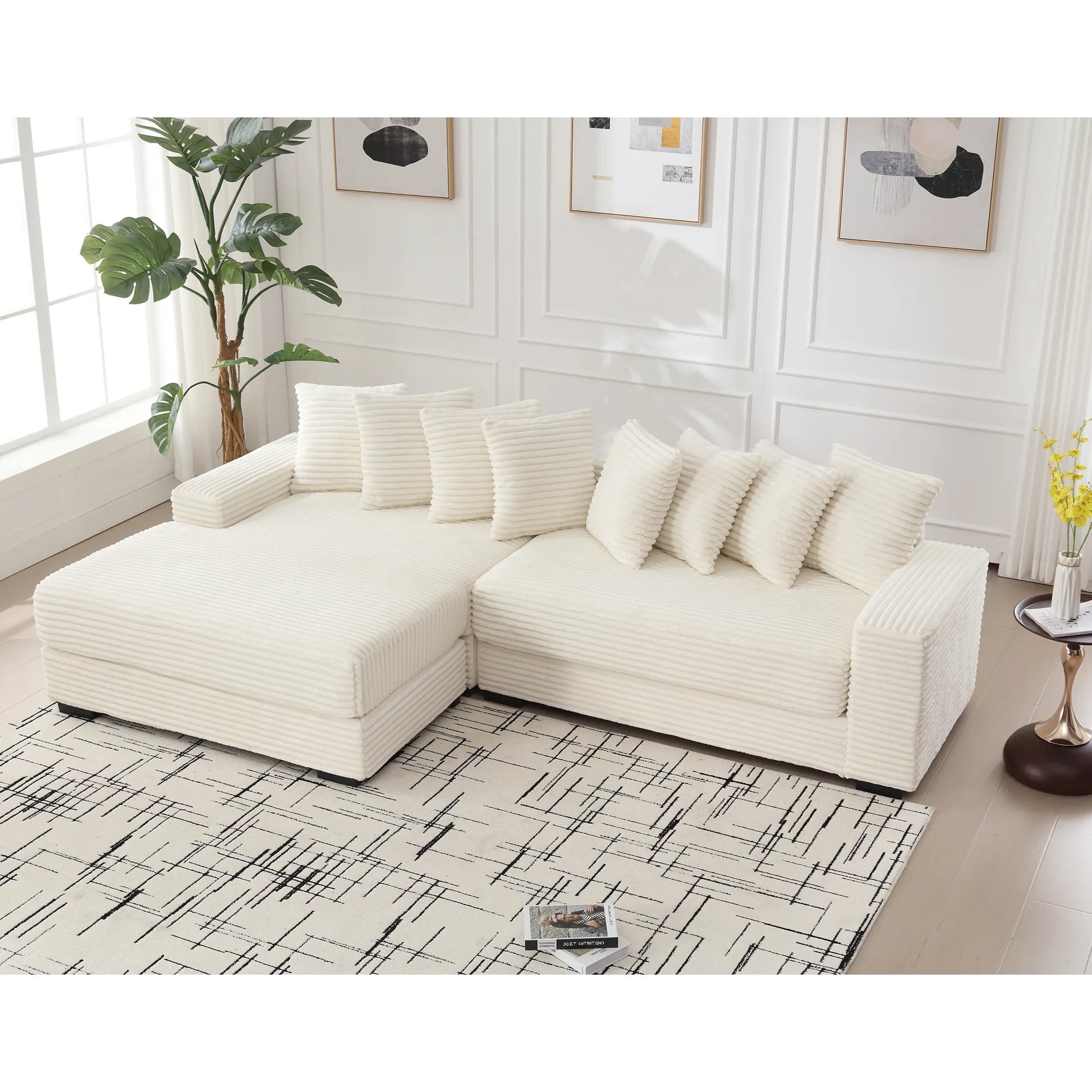 L Shaped Corduroy Couch, Plush Chaise Lounge Sofa, Beige